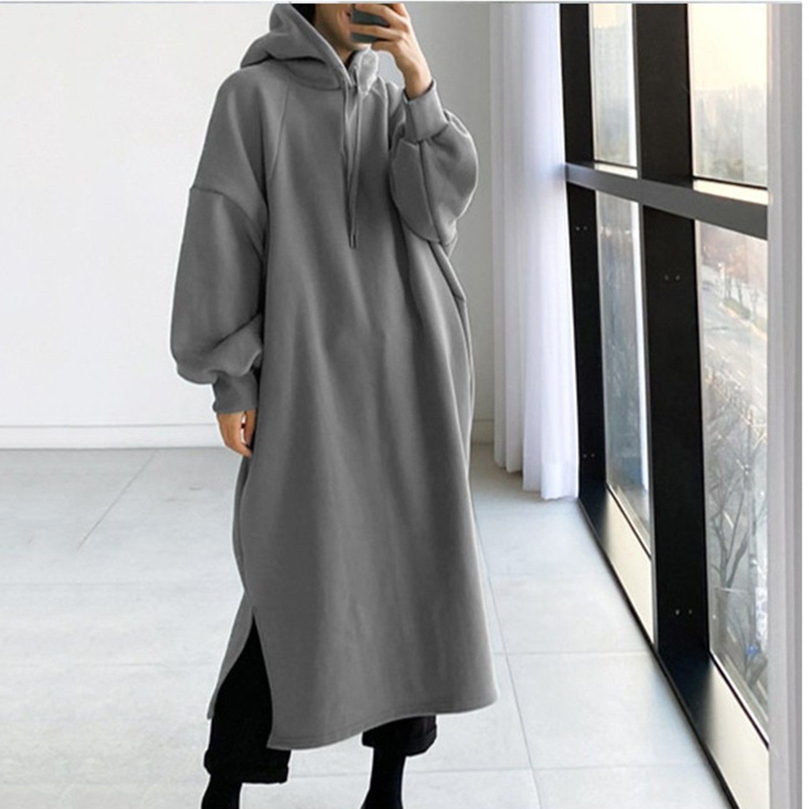 Women Oversized Loose Long Hoodie Dresses Solid Color Autumn Winter Hooded Sweatshirts Student’s Baggy Pullover Sweatshirt Dress alx