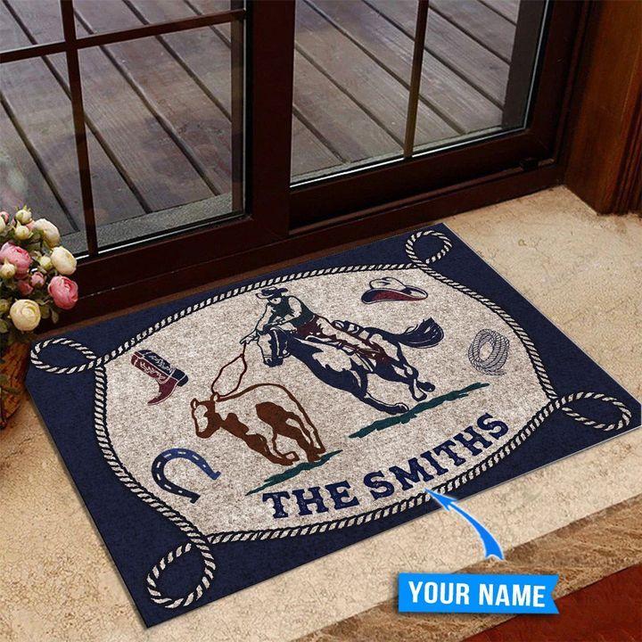 Calf Roping Horseshoe Pattern Blue Custom Doormat