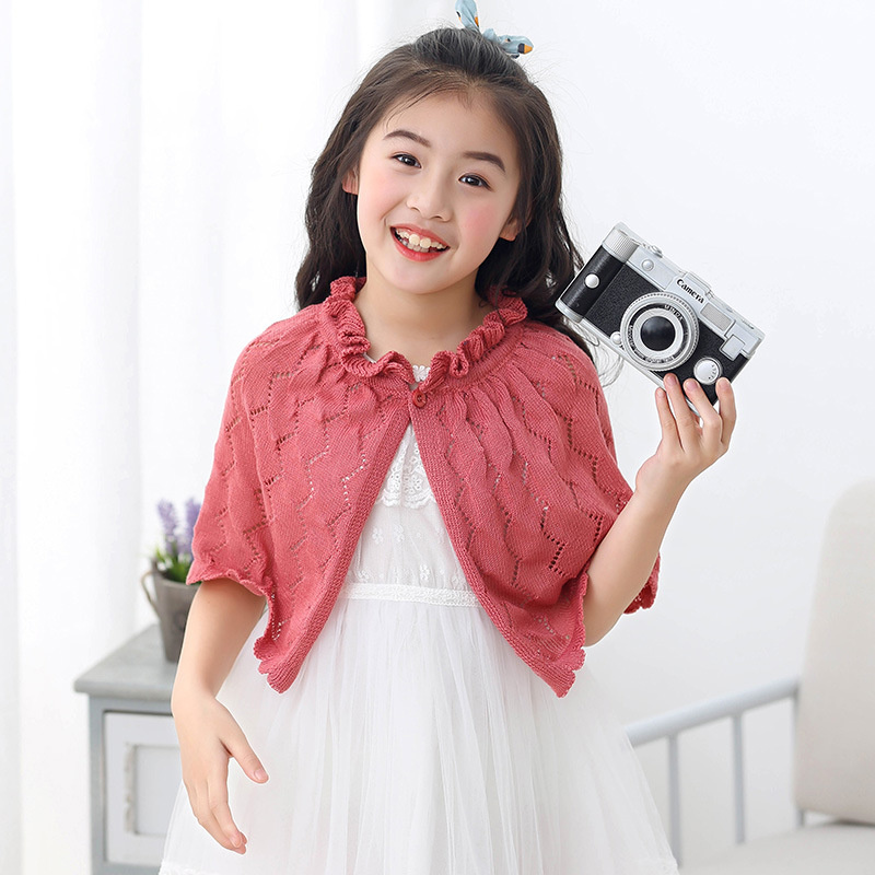 Spring Summer Kids Single Button Cardigan Sweater Children Girls Clothing Knitted Capes Baby Hollow Out Ruffle O-Neck Sweaters alx