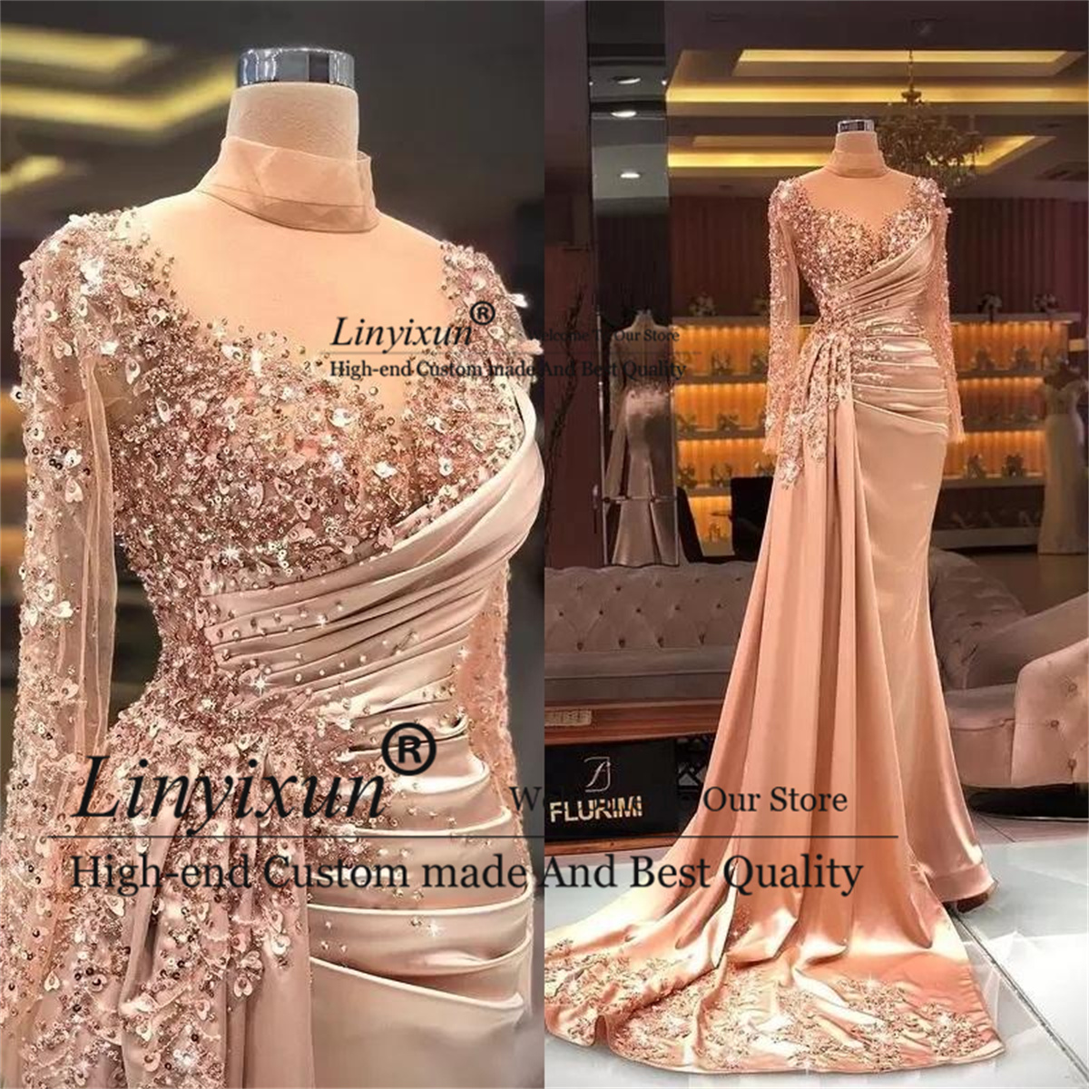 Arabic Aso Ebi Rose Gold Mermaid Prom Dresses Sexy Sheer Neck Beaded Sequins Formal Evening Gown Long Sleeves Party Dress alx