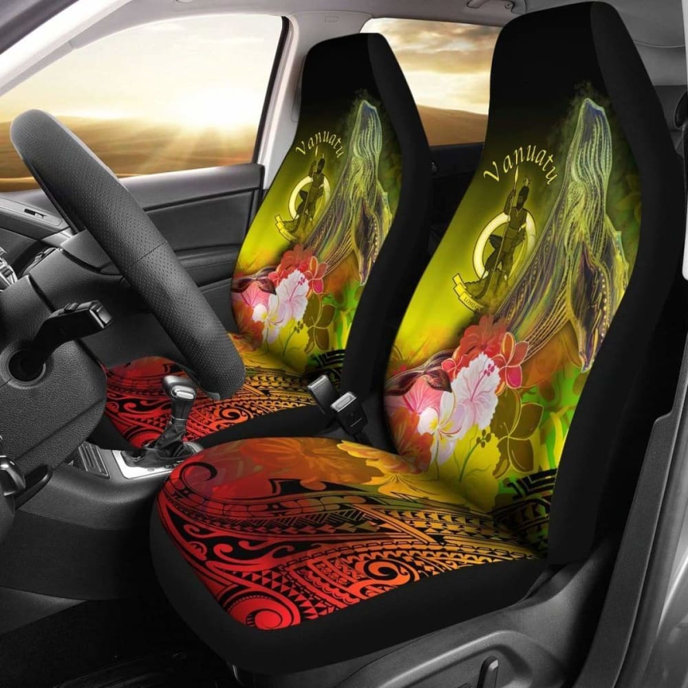 Vanuatu Car Seat Covers – Humpback Whale With Tropical Flowers (Yellow)- 105905