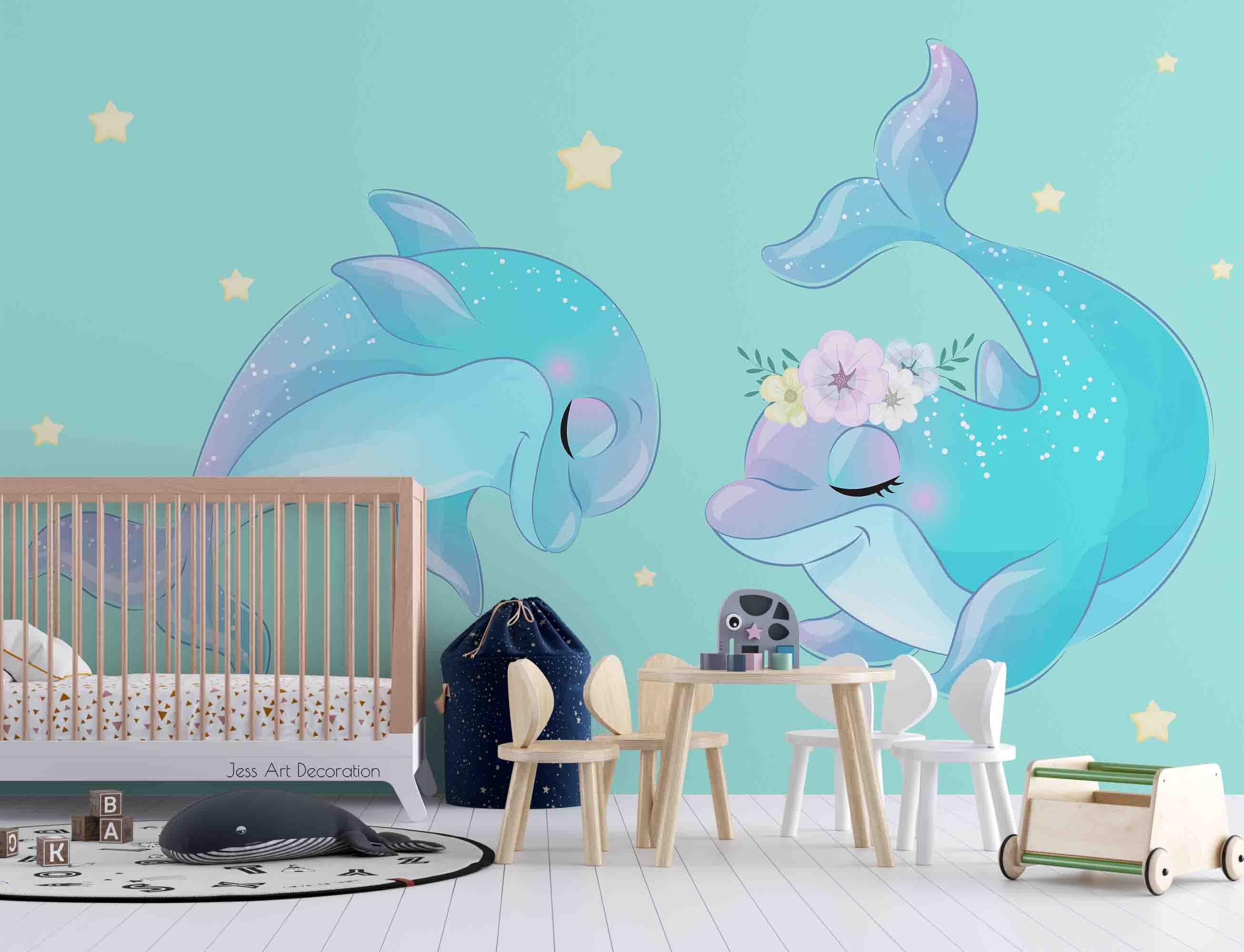 3D Fresh Cute Cartoon Dolphin Couple Pattern Wall Mural Wallpaper Gd 3350