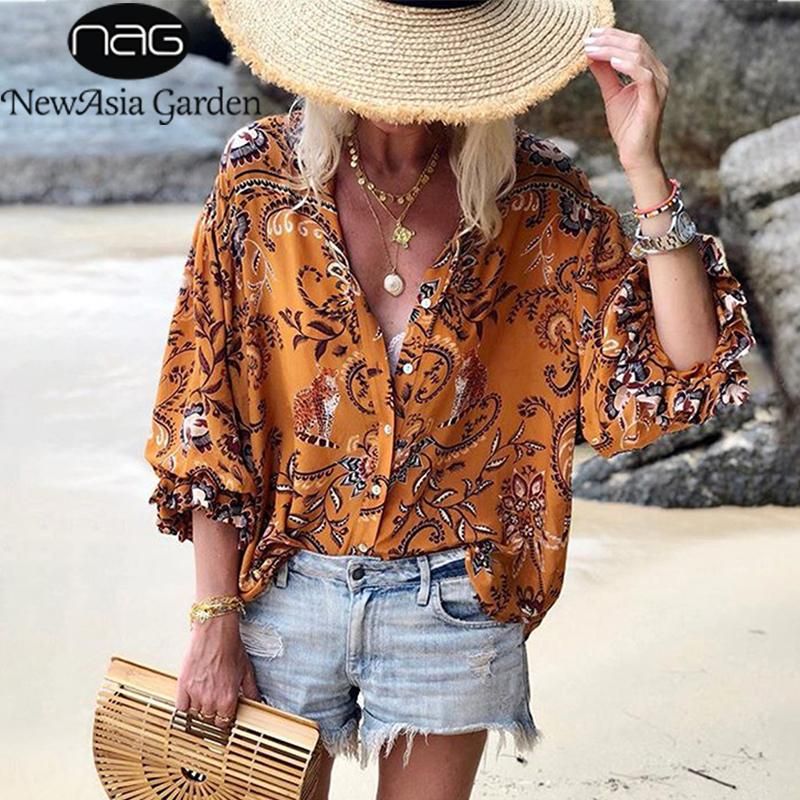 Boho Print Chiffon Blouse Long Sleeve O Neck Vintage