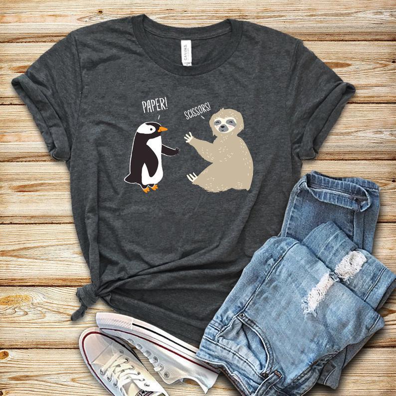 Sloth And Penguin Playing Rock Paper Scissors Shirt Tank Top T Shirt Sloth Shirt Penguin Shirt Sloth Lover Gift Penguin Lover