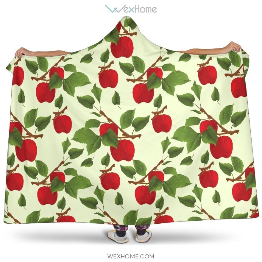 Red Apples Leaves Pattern Hooded Blanket