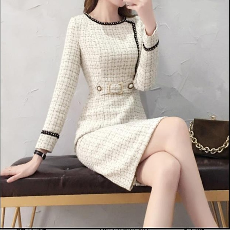 2022 New Tweed Dress Women Spring Vintage Wool Plaid Dresses Female Elegant Woolen Dress Ladies Office Dress Women alx