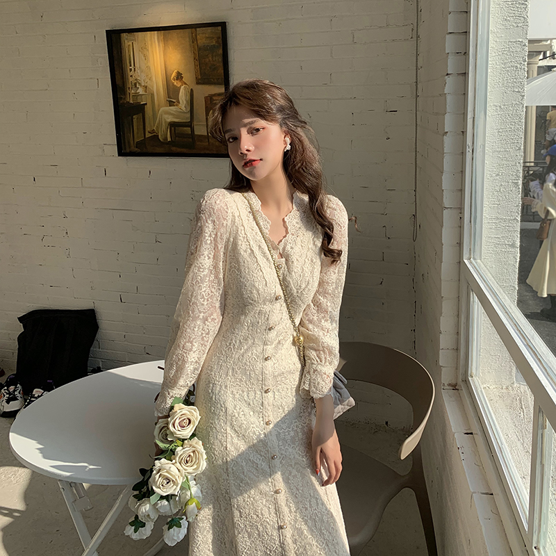 Elegant Lace Long Sleeve Midi Dress Winter White Women V-neck Korean Dress Spring One-piece Evening Lady Party Fairy Dress 2022 alx