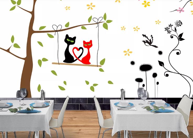 3D Cartoon Tree Leaf Animal Cat Wall Mural Wallpaper Lqh 399