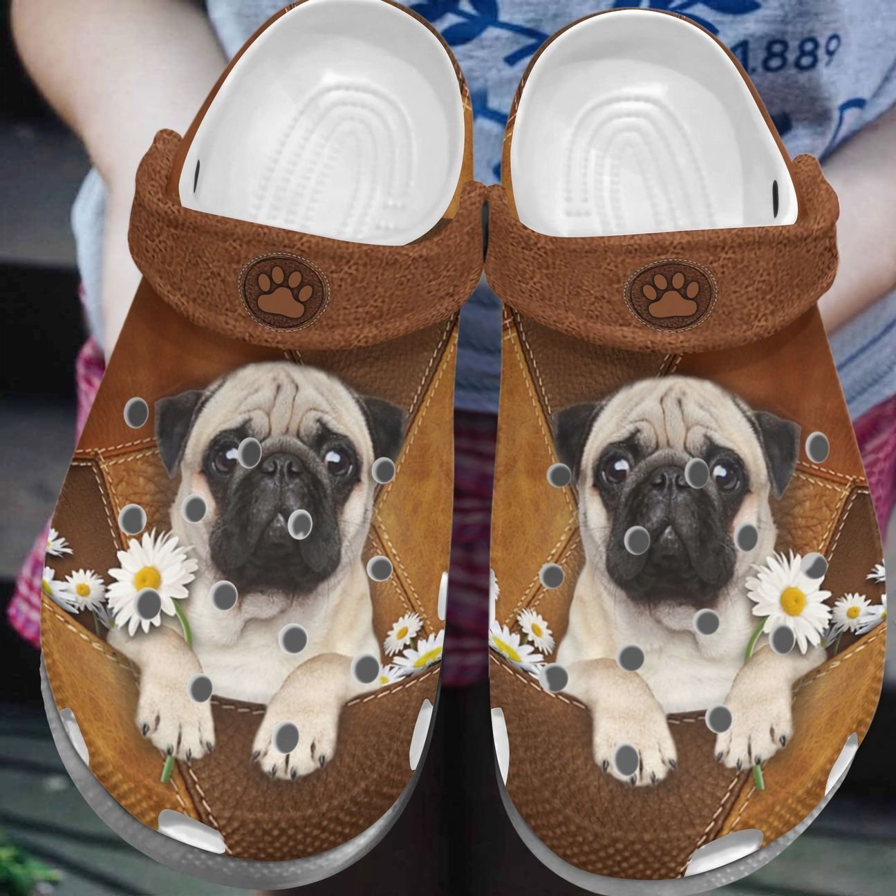 Pug Personalize Clog, Custom Name, Text, Fashion Style For Women, Men, Kid, Print 3D Whitesole Daisy Pug