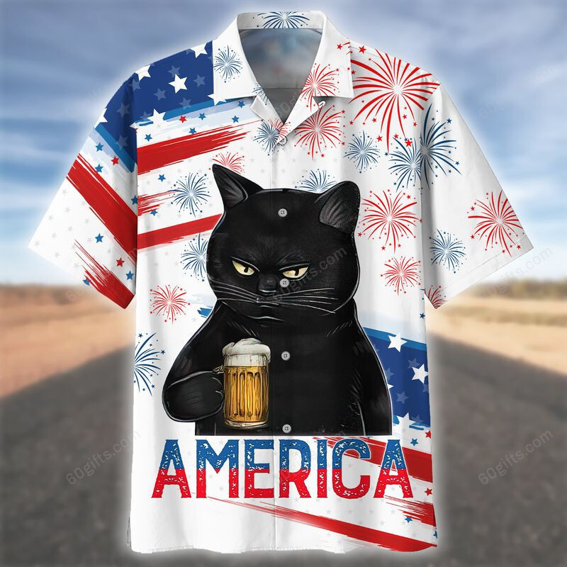 3D Hawaiian Shirt, Hoodie, Zip Hoodie, Hoodie Dress, Sweatshirt Black Cat Drink Beer Independence Day Usa All Over Print