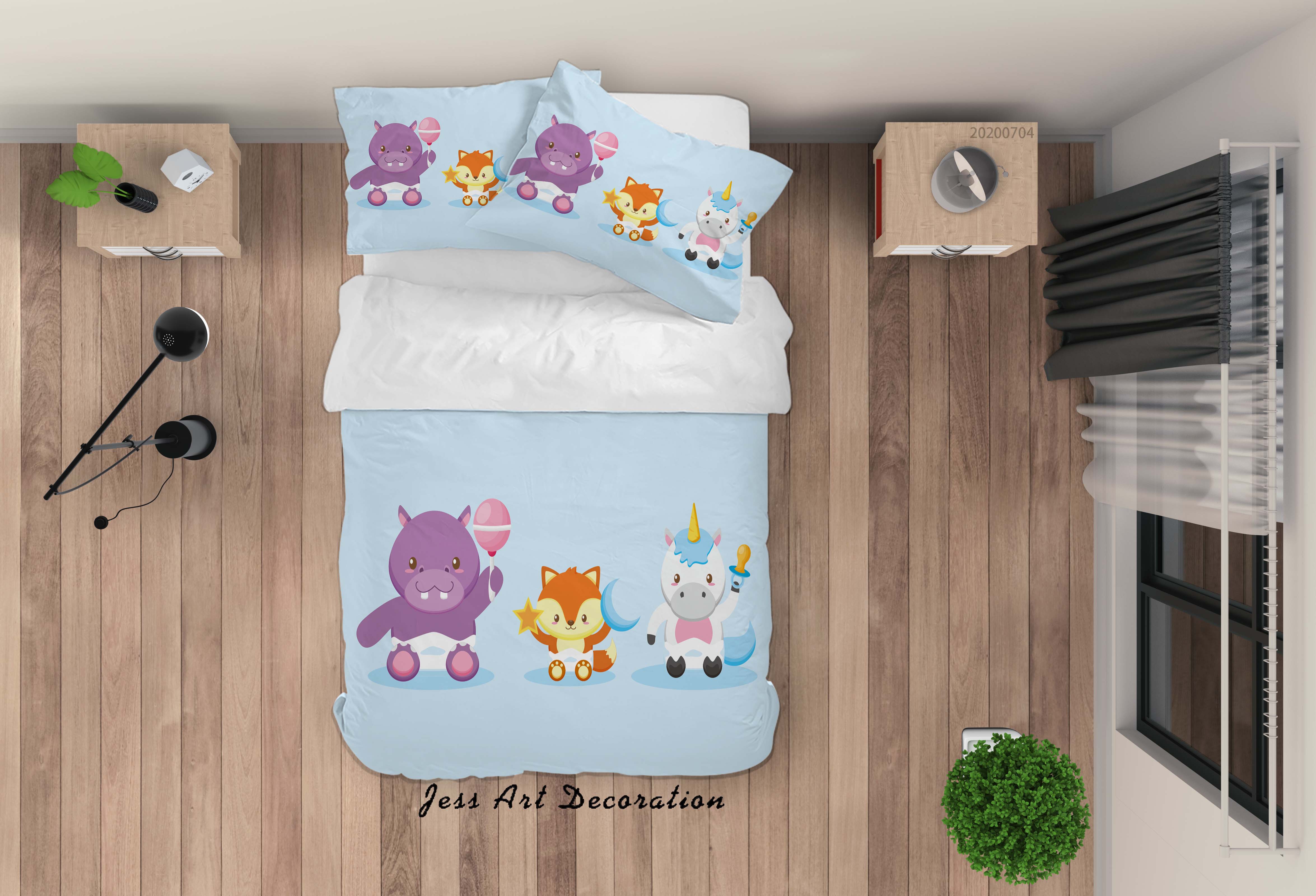 3D Blue Fox Hippo Unicorn Quilt Cover Set Bedding Set Duvet Cover Pillowcases Sf85