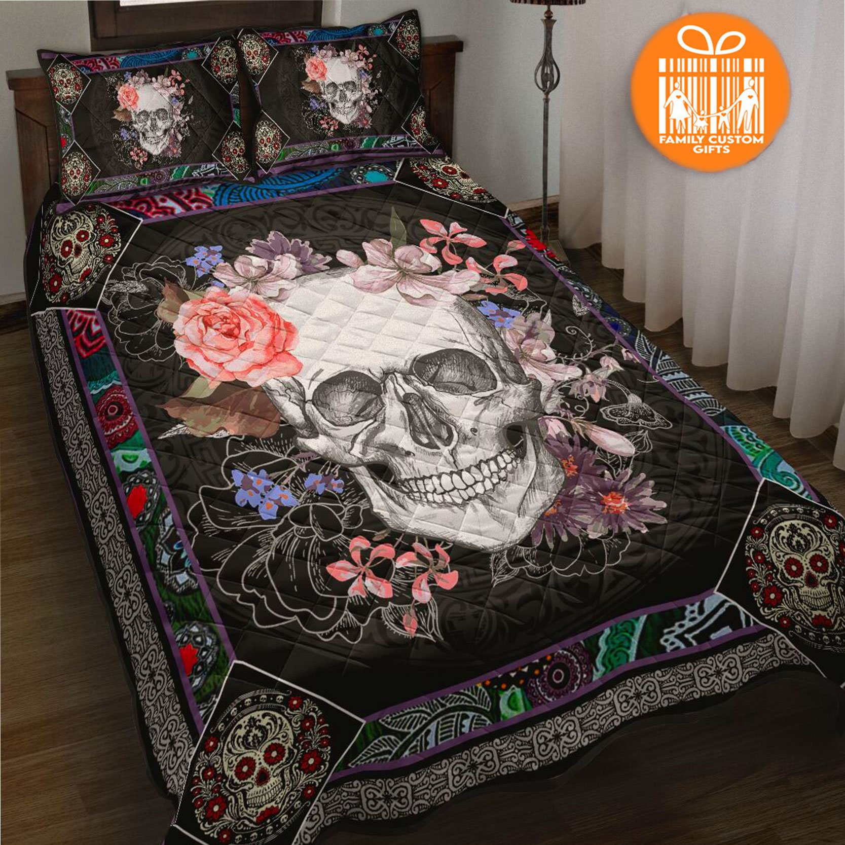 Custom Quilt Sets Flower Skull Bohemian Mandala Quilt Bedding for Boys Girls Men Women