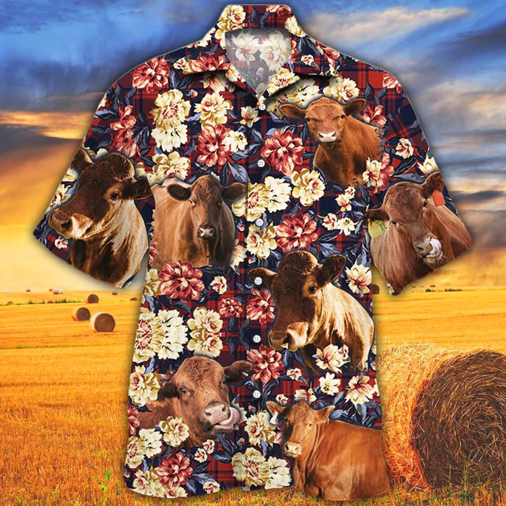 Red Angus Hawaiian Shirt, Summer Hawaiian Shirt, Animal Shirt, Cow Cattle Green Plaid Pattern Hawaiian Shirt