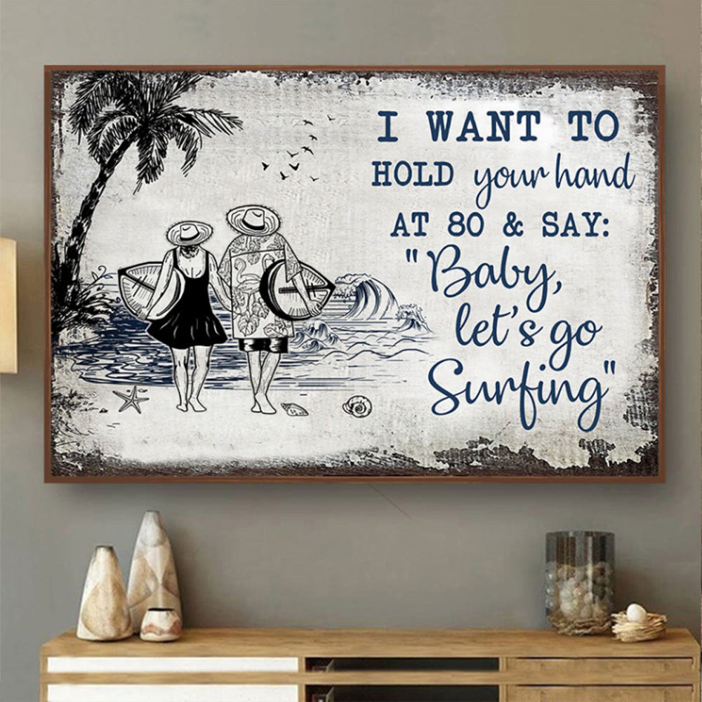 Surfing Couple Let’S Go Surfing Horizontal Poster & Canvas For Spouse Home Decor Wall Art Visual Art