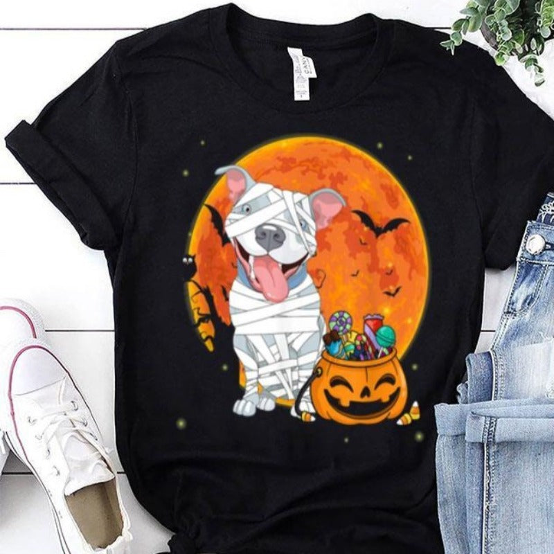 Cute Ptitbull Dog With Candy Pumpkin Halloween Gift Men Women T shirt