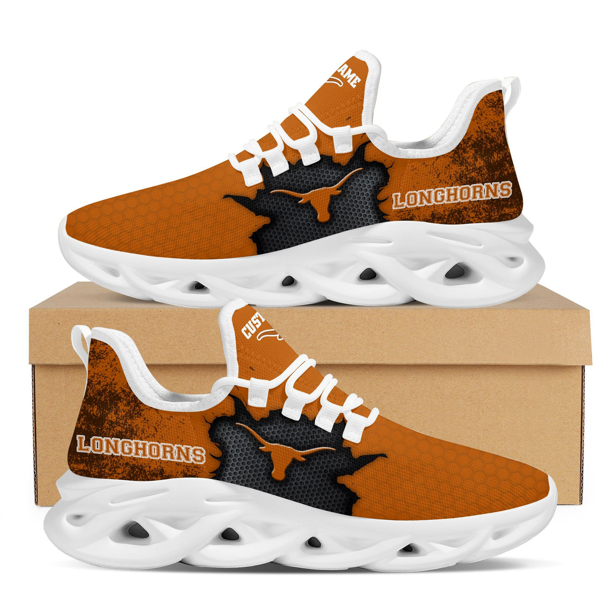 Texas Longhorns Cracked Design Trending Max Soul Clunky Sneaker Shoes Custom Name Personalized For Mens Womens Fans