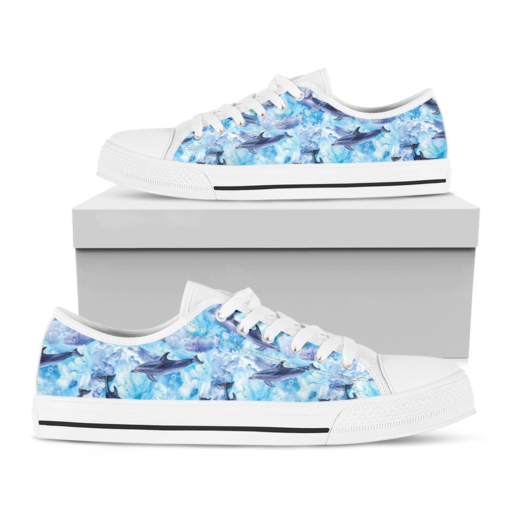 Watercolor Dolphin In The Sea Print White Low Top Shoes