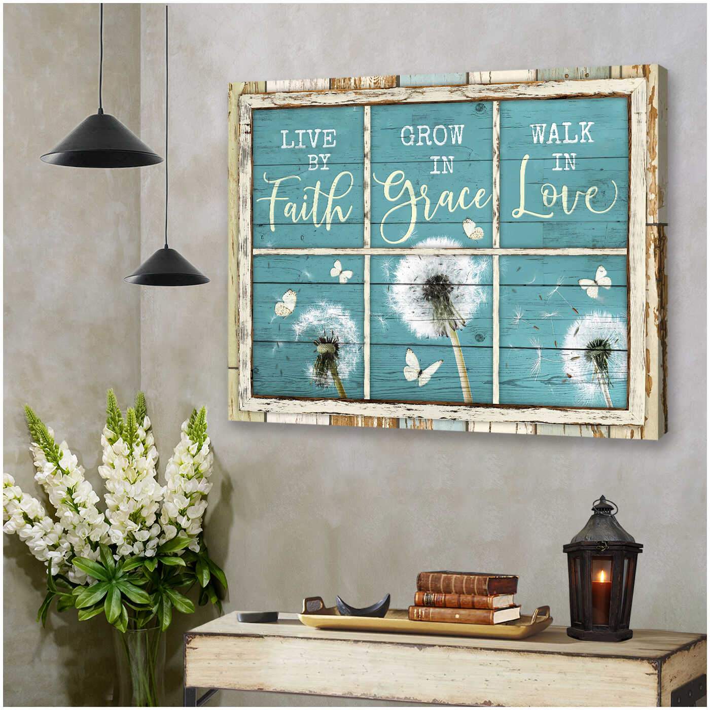 Vintage Window Live By Faith Dandelion And Butterflies Farm Farmhouse Poster Print, Canvas Wall Decor