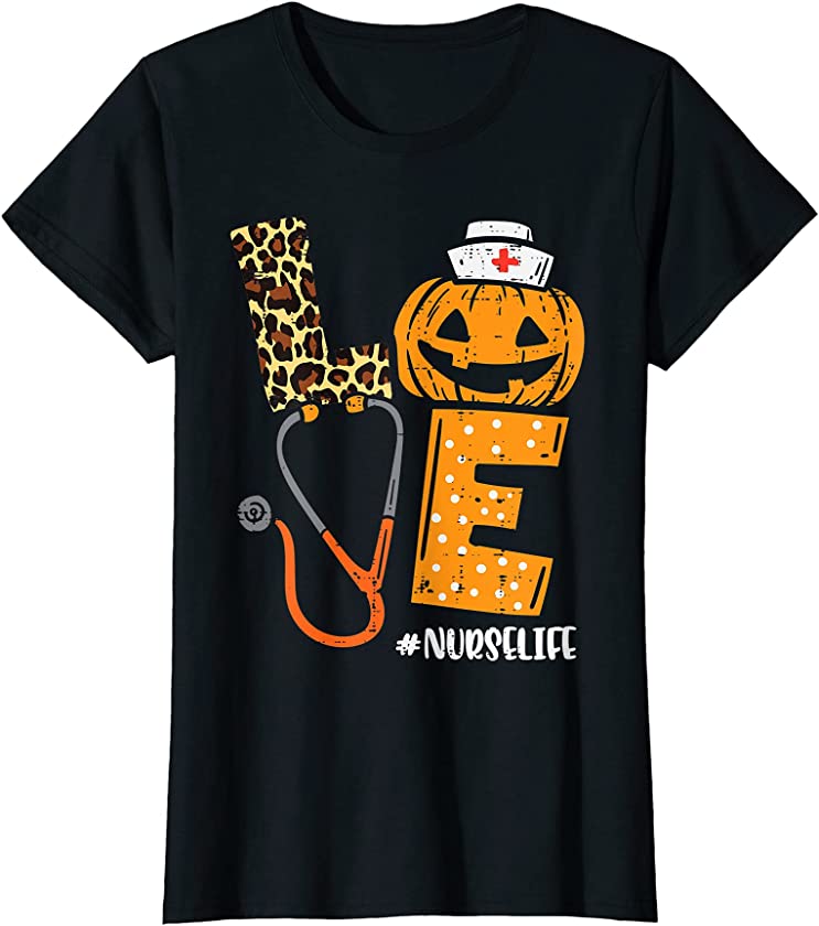 Womens Love Nurse Life Pumpkin Leopard Fall Halloween Nurses Women T-Shirt