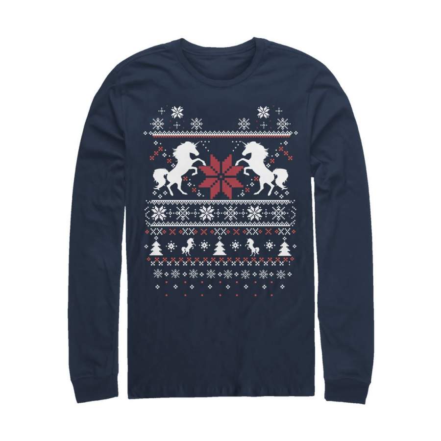 Lost Gods Men’s Ugly Christmas Unicorn  Long Sleeve Shirt Navy Blue