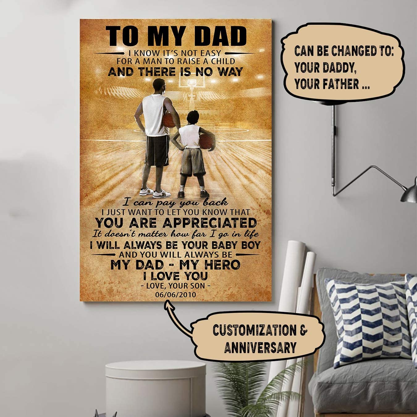 Poster for Room Aesthetic -Command Strips Wall Decor – Ly87 Customizable Basketball Poster – Son to Dad – I Know It’s Not Easy