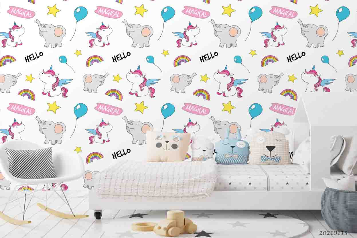 3D Cartoon Animal Unicorn Elephant Rainbow Wall Mural Wallpaper Lqh 52