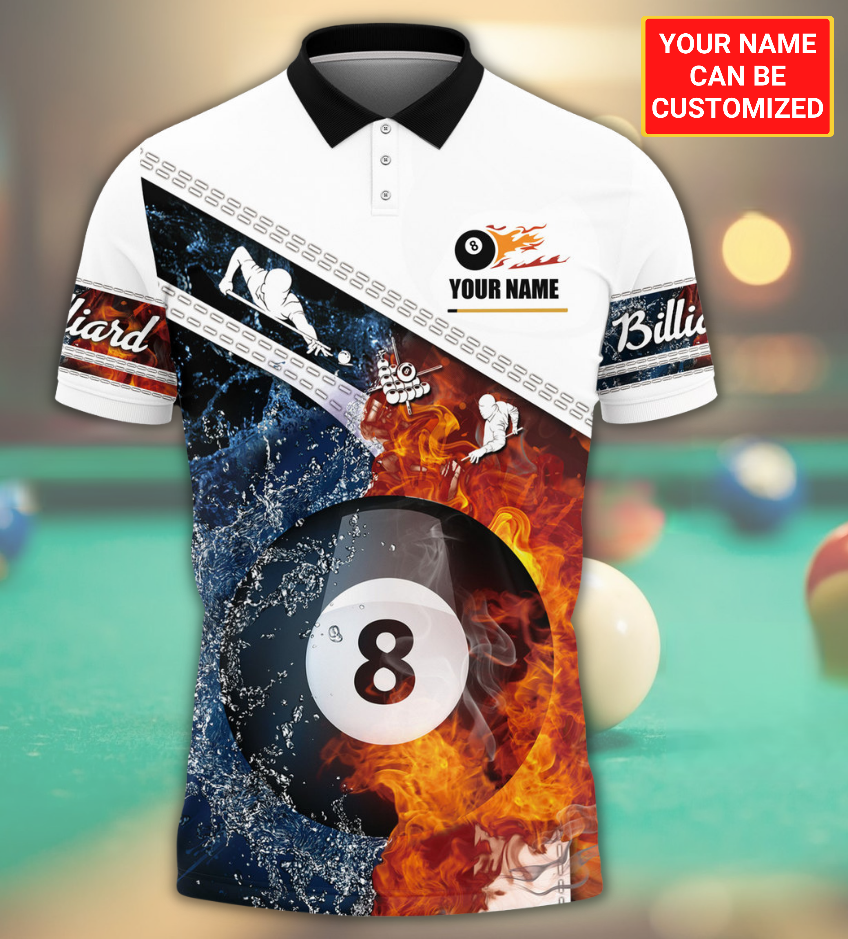 Custom Name Billiard 3D Shirt Uniform, Billiard Fire Polo Shirt All Over Print, Billiard Team Uniform