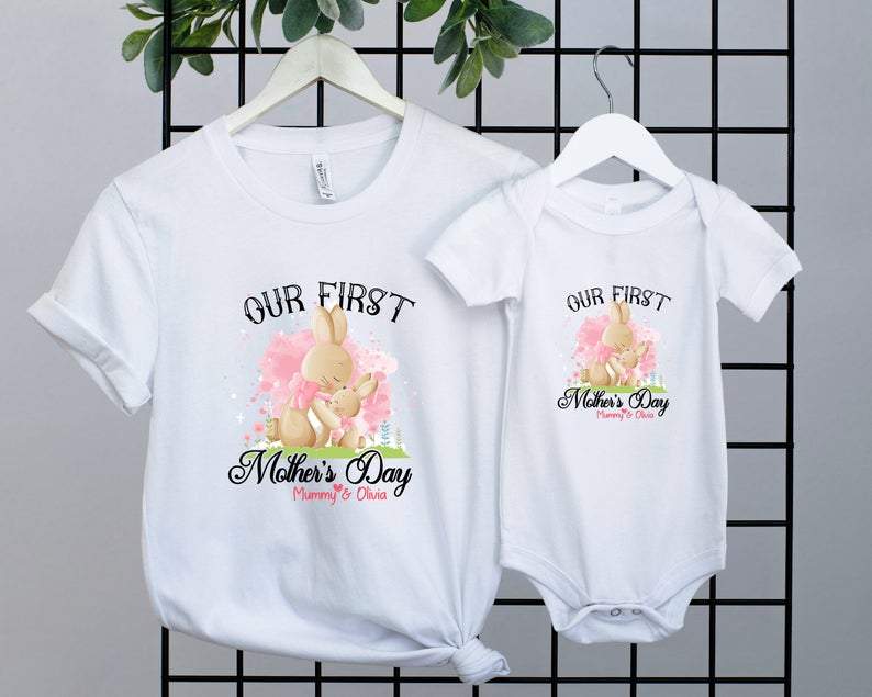 Our First Mother’S Day Personalized Shirt, Matching Outfit, Mommy And Baby Bunny, Gift For Mom Daughter, Customized Mommy And Name