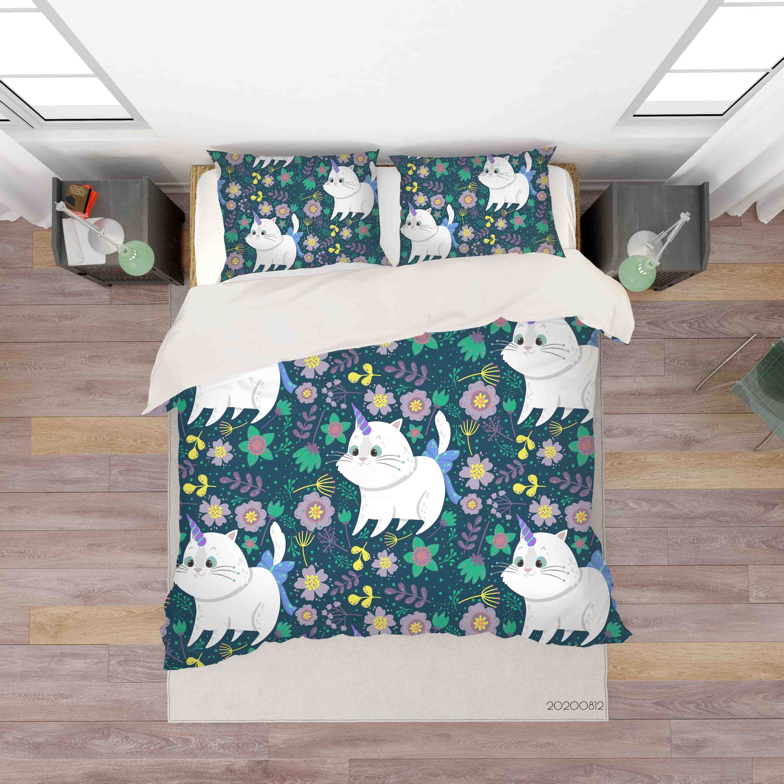 3D Colorful Floral Unicorn Cat Animal Quilt Cover Set Bedding Set Duvet Cover Pillowcases Lxl