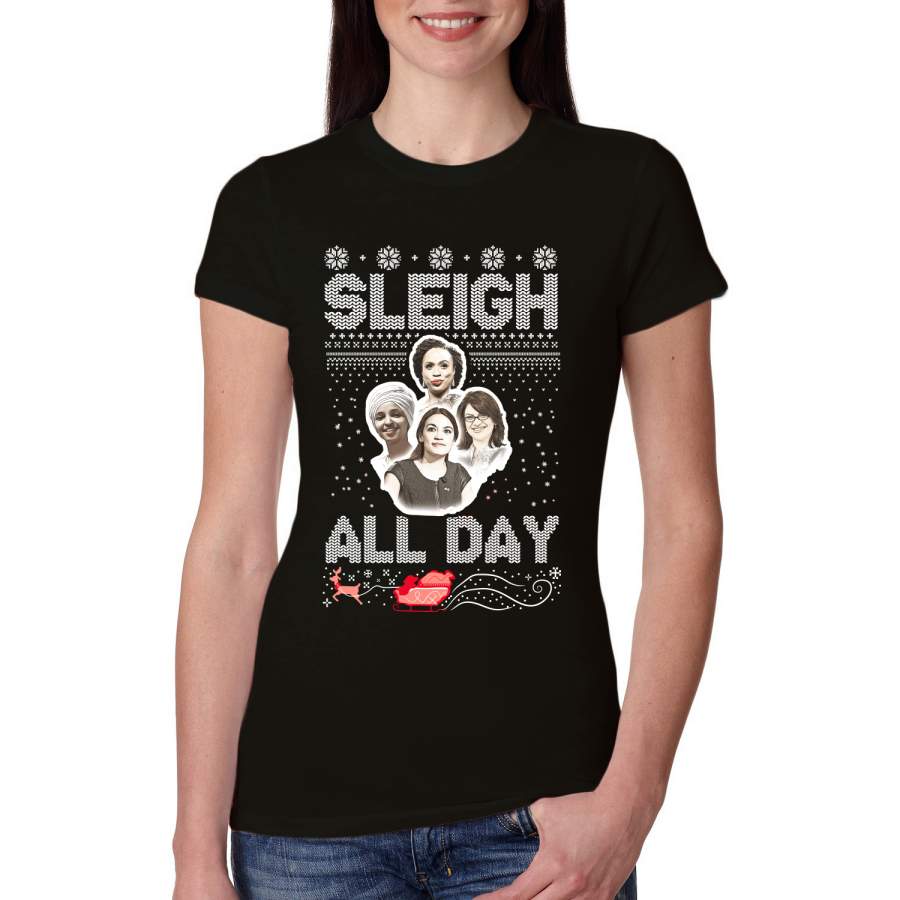 AOC The Squad Congresswomen Sleigh All Day Xmas Ugly Christmas Sweater Womens Slim Fit Junior Tee