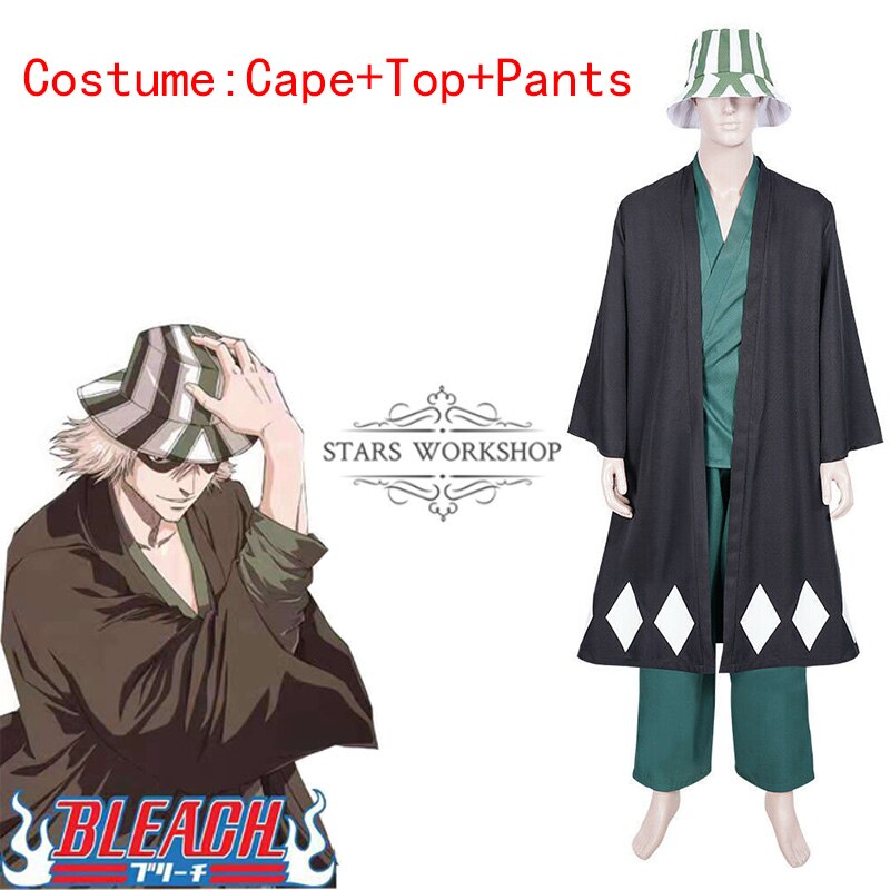 Anime Bleach Cosplay Urahara Kisuke Gotei 13 Costume Kimono Uniform Cape Top Pants Hat Suit For Halloween Carnival Party alx