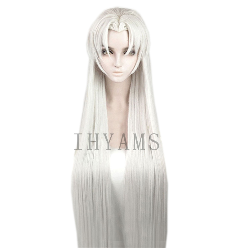 Anime 100cm Long Inuyasha Sesshomaru Wig Heat Resistant Cosplay Silvery Synthetic Hair Peruca + Wig Cap alx