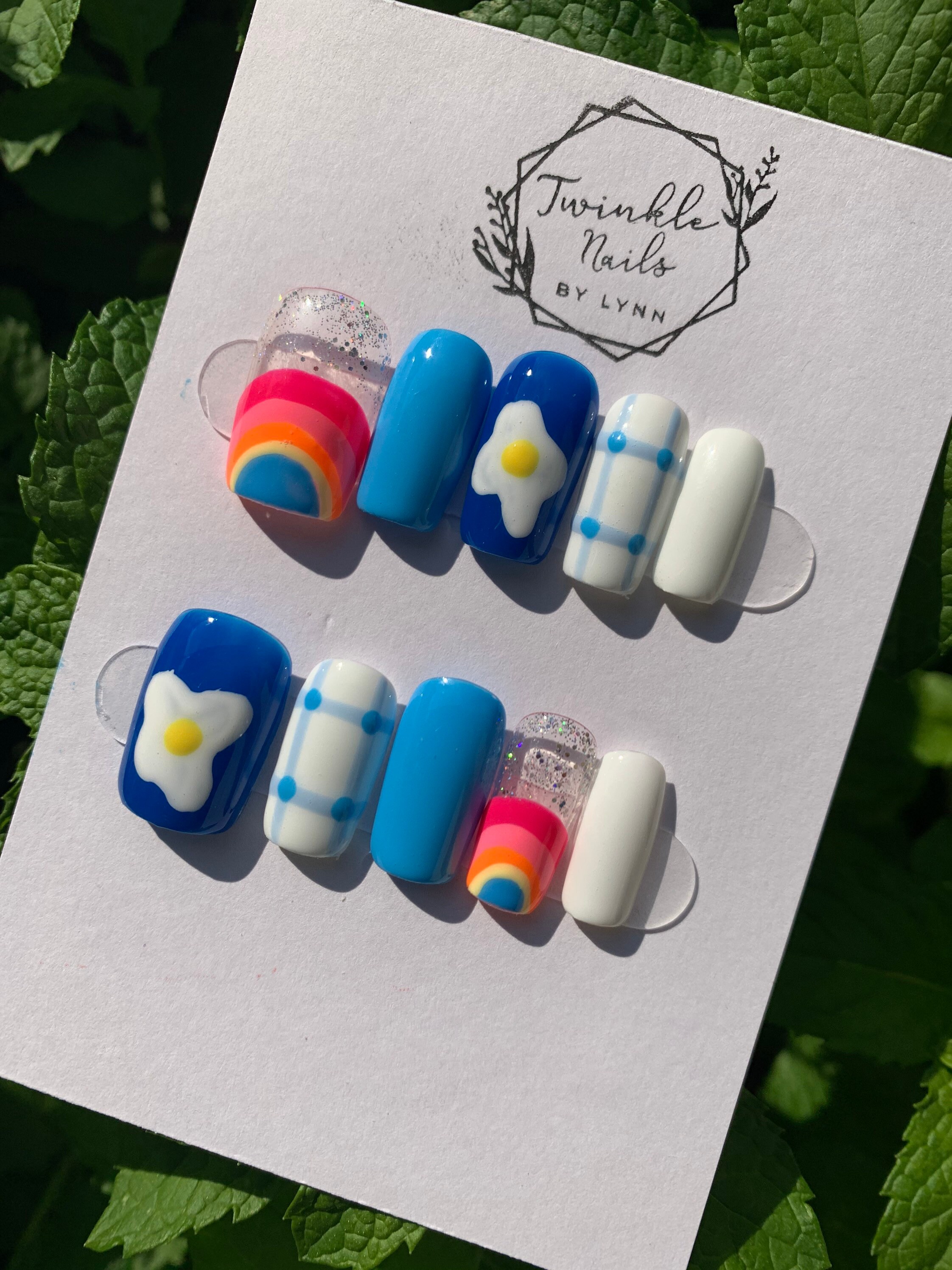 Blue Nails With Design | Summer Nails | Press On Nails | Fake Nails | Glue On Nails
