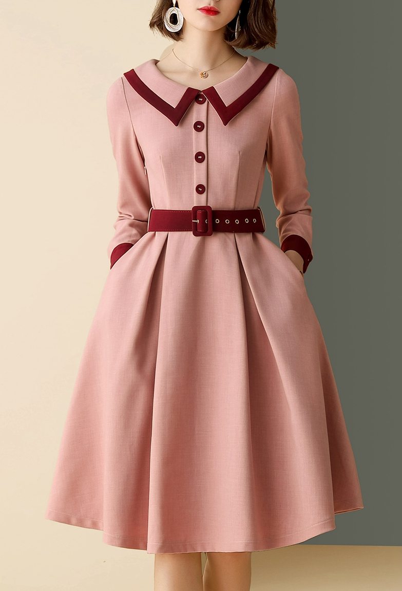 Vintage women dress autumn winter doll collar button tunic dress French style elegant office ladies OL midi dress alx