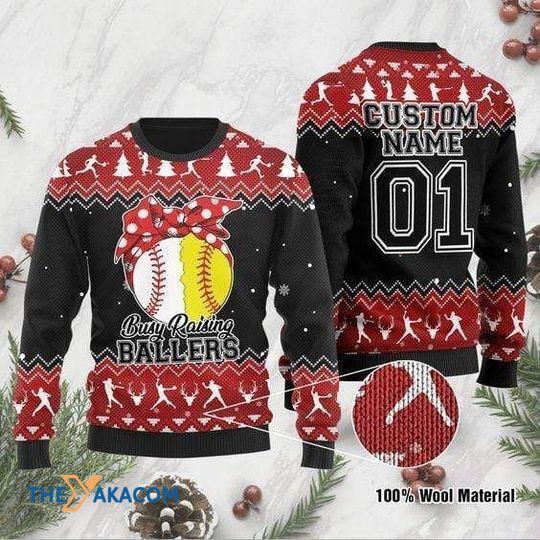 Happy Xmas Busy Raising Ballers Softball And Baseball Christmas Sweater