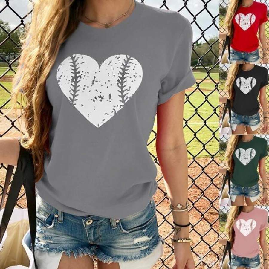 Womens Fashion Summer Short Sleeve Tops Heart-Shaped Pattern Printing T-Shirt Casual Pullover T Shirts Blouse Tops