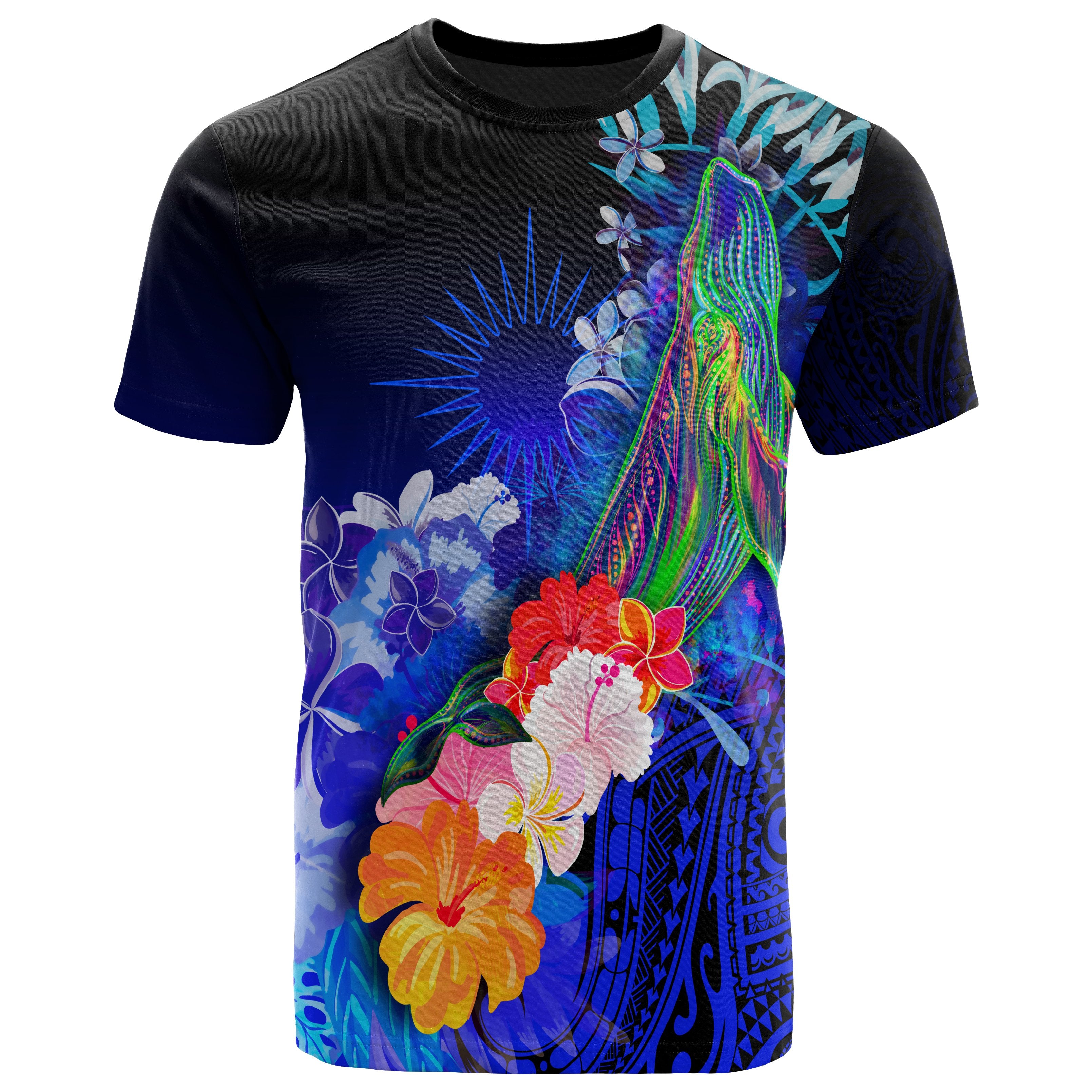 Marshall Islands T-Shirt – Humpback Whale With Tropical Flowers (Blue)