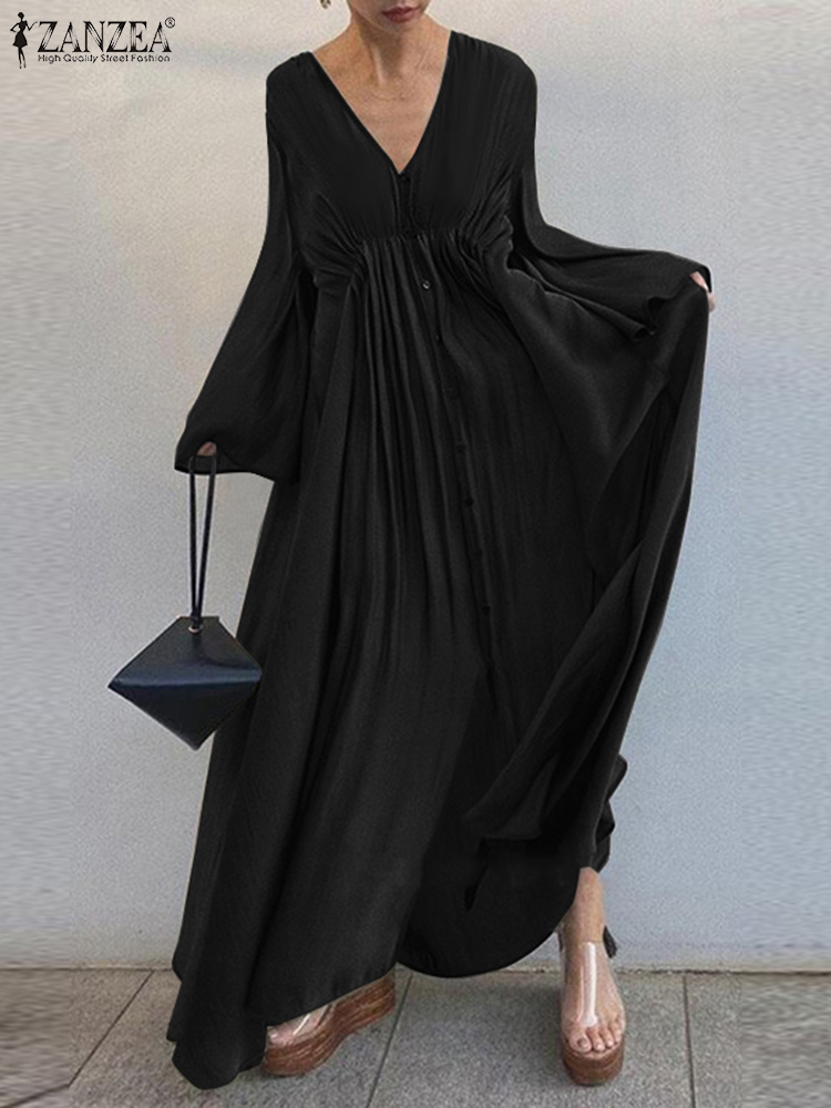 ZANZEA Women V Neck Casual Buttons Down Long Dress Robe Femme Party Vestidos Elegant Autumn Long Sleeve Solid Holiday Sundress alx