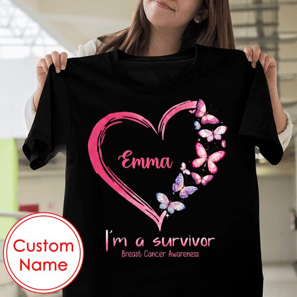 Personalized Pink Butterfly Heart I’M A Survivor Breast Cancer Awareness T-Shirt