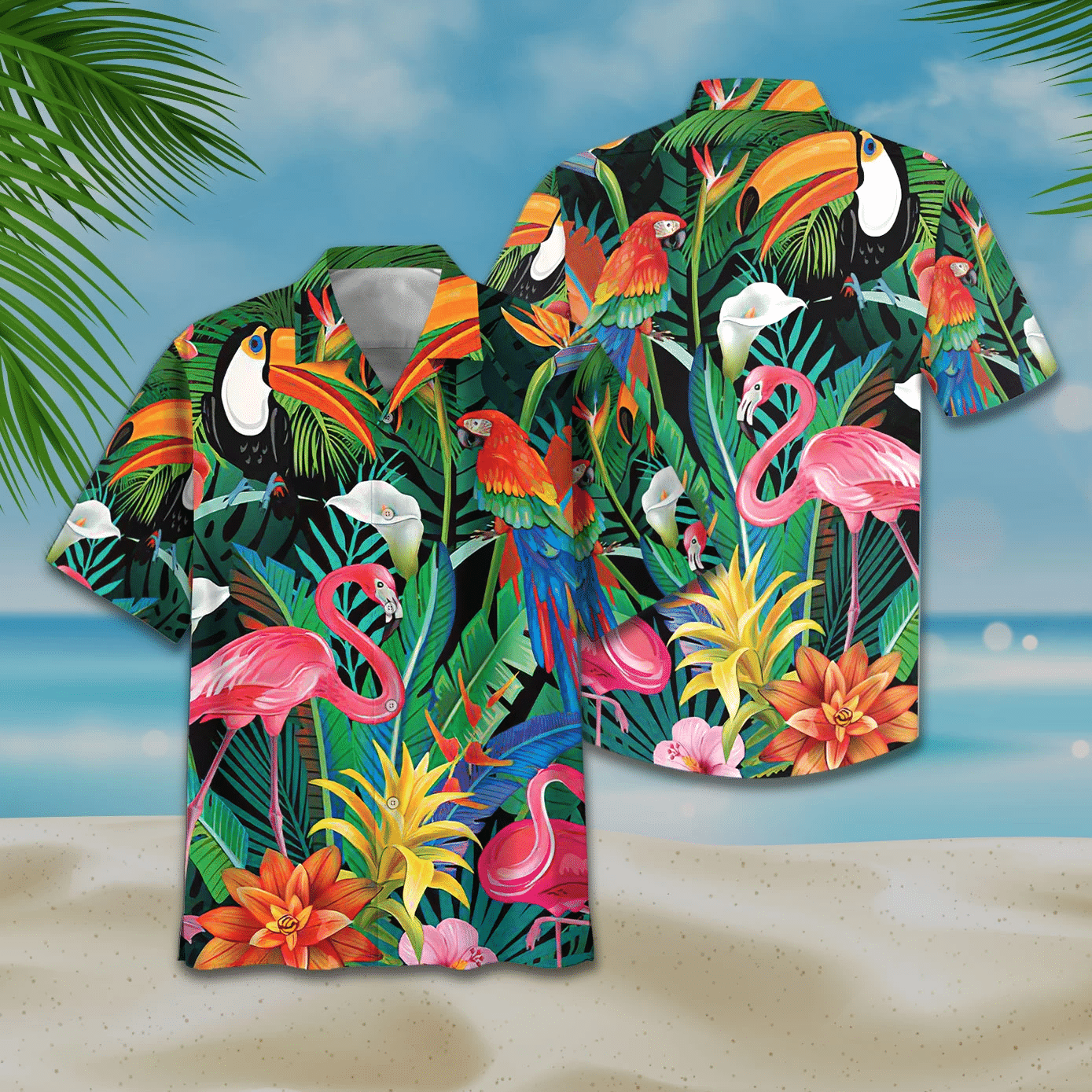 Flamingo And Parrot Tropical Flowers Print Short Sleeve Hawaii Casual Shirt Ha37670