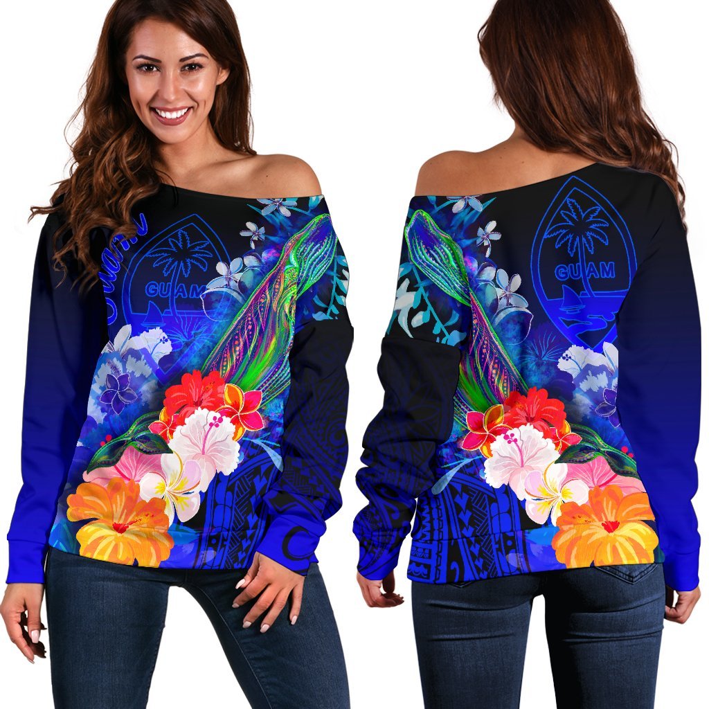 Guam Women’S Off Shoulder Sweaters- Humpback Whale With Tropical Flowers (Blue)