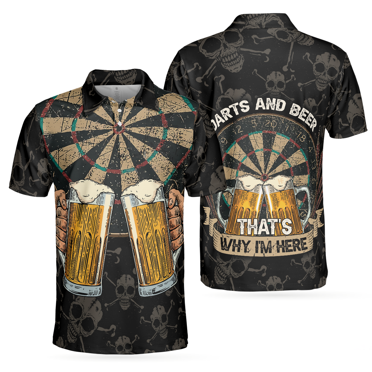 Darts And Beer That’S Why I’M Here Short Sleeve Polo Shirt, Skull Darts Print Shirt For Men