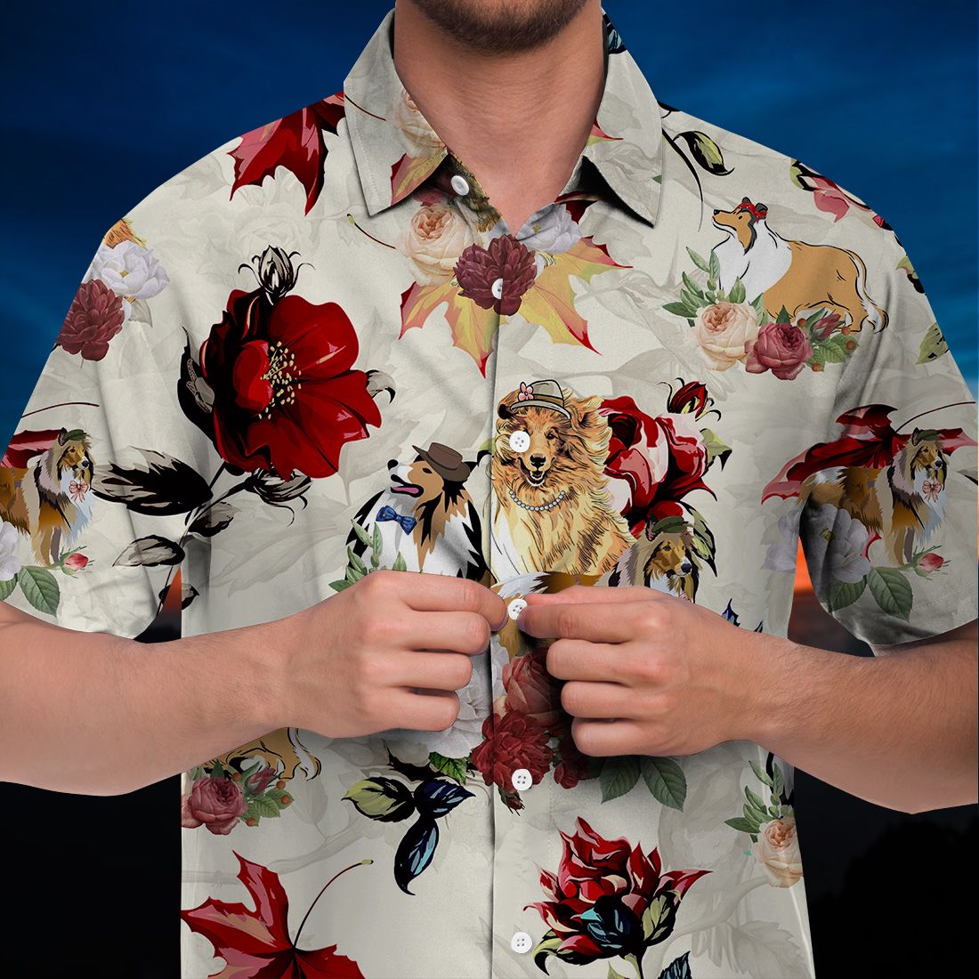 Rough Collie Hawaiian Shirt 90s Flower