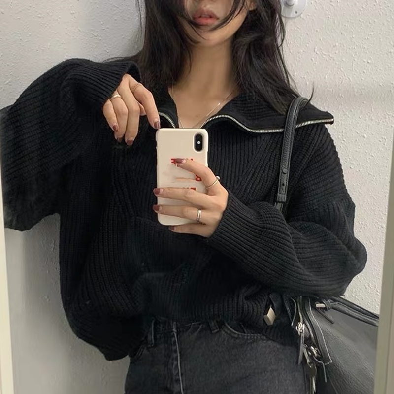 Winter Solid Zipper Women Turtleneck Knitted Sweater Sweet Long Sleeve Loose Ladies Korean Casual Pullovers Sueter Tops Female alx