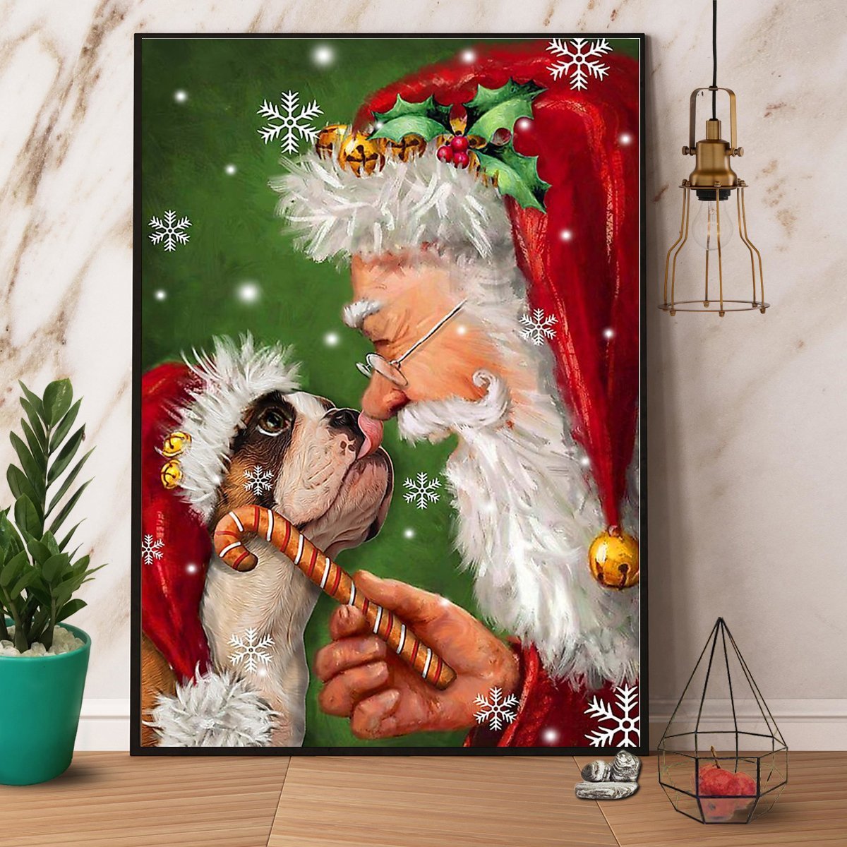 Bulldog Dog Smile With Santa Christmas Happy Holiday Snow Santa Claus Candy Cane  Poster No Frame Matte Canvas