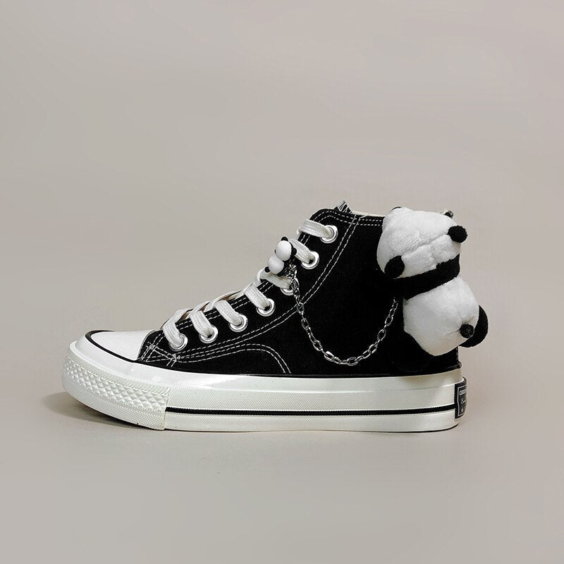 Little Panda Plushie Black High Top Canvas Shoes – Women’S