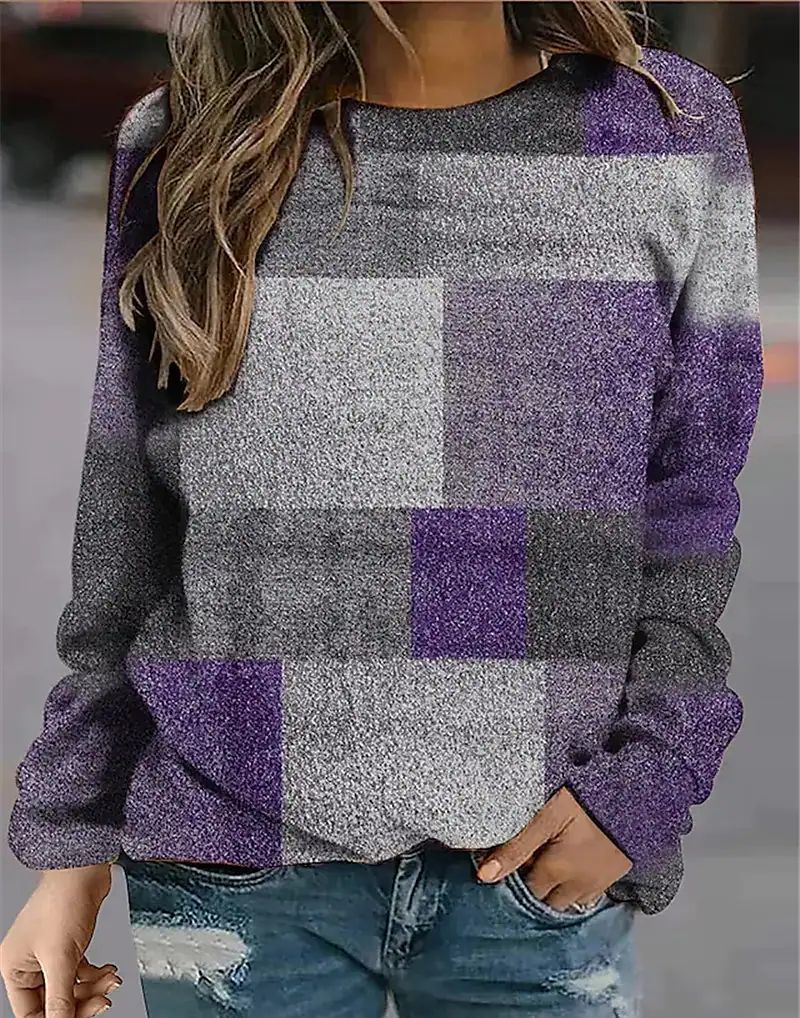 Autumn Winter 2022 Women Plaid Loose Print Long Sleeve Round Neck Sweater Women’s Casual Large Size Tops Fashion Loose Pullover alx