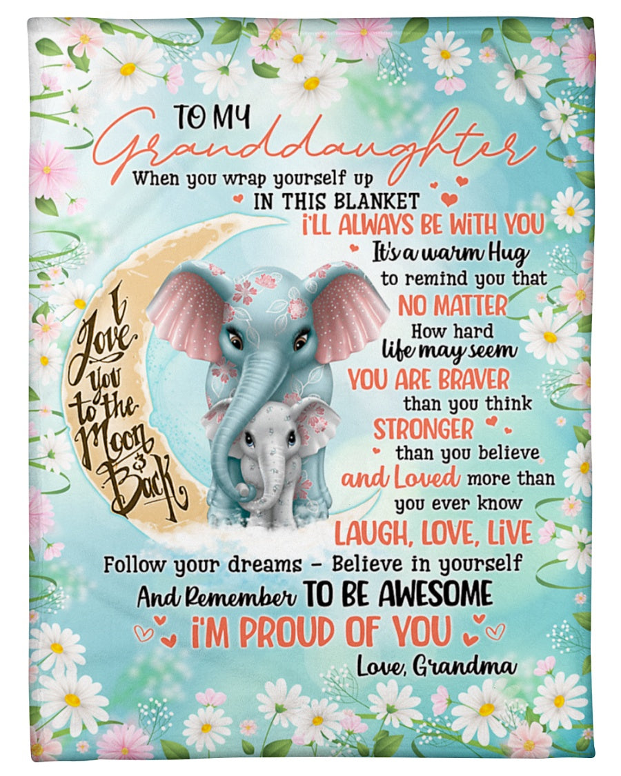 Personalized Blanket To My Granddaughter From Grandma Cute Elephant With Crescent Moon Flower Design Custom Name