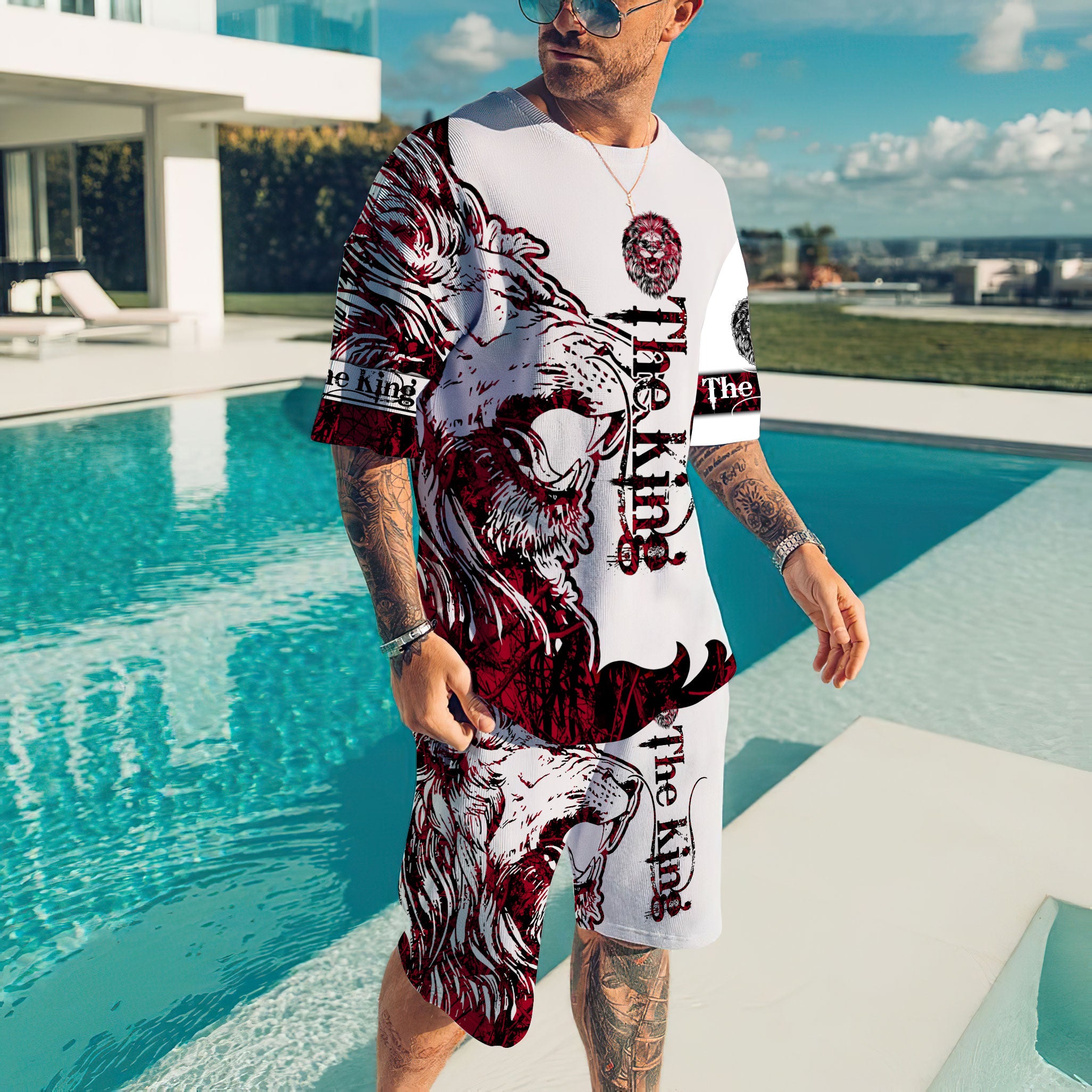 Alpha King Lion Tattoo 3D All Over Printed Combo T-Shirt Boardshorts