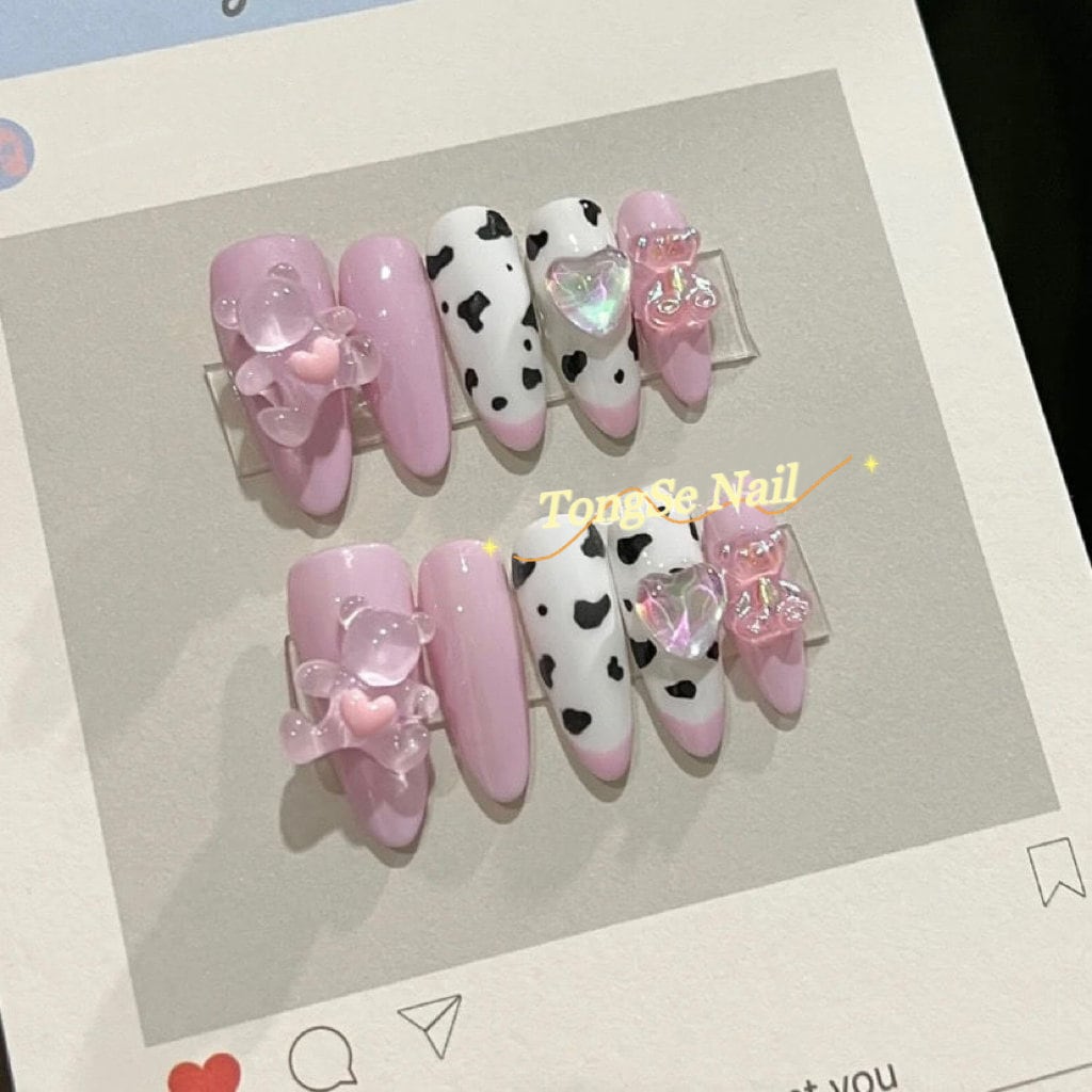 Pink Cute Bear and Cow Press On nails/ Cow Print Nails/ Pink Bear Fake Nails/kawaii nails/Princess Nails/Reusable Nails #238